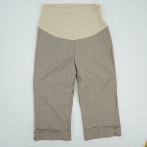Valia Maternity Capri Pants Tan Pinstripe Over Belly Cuffed Button Hem Size M
